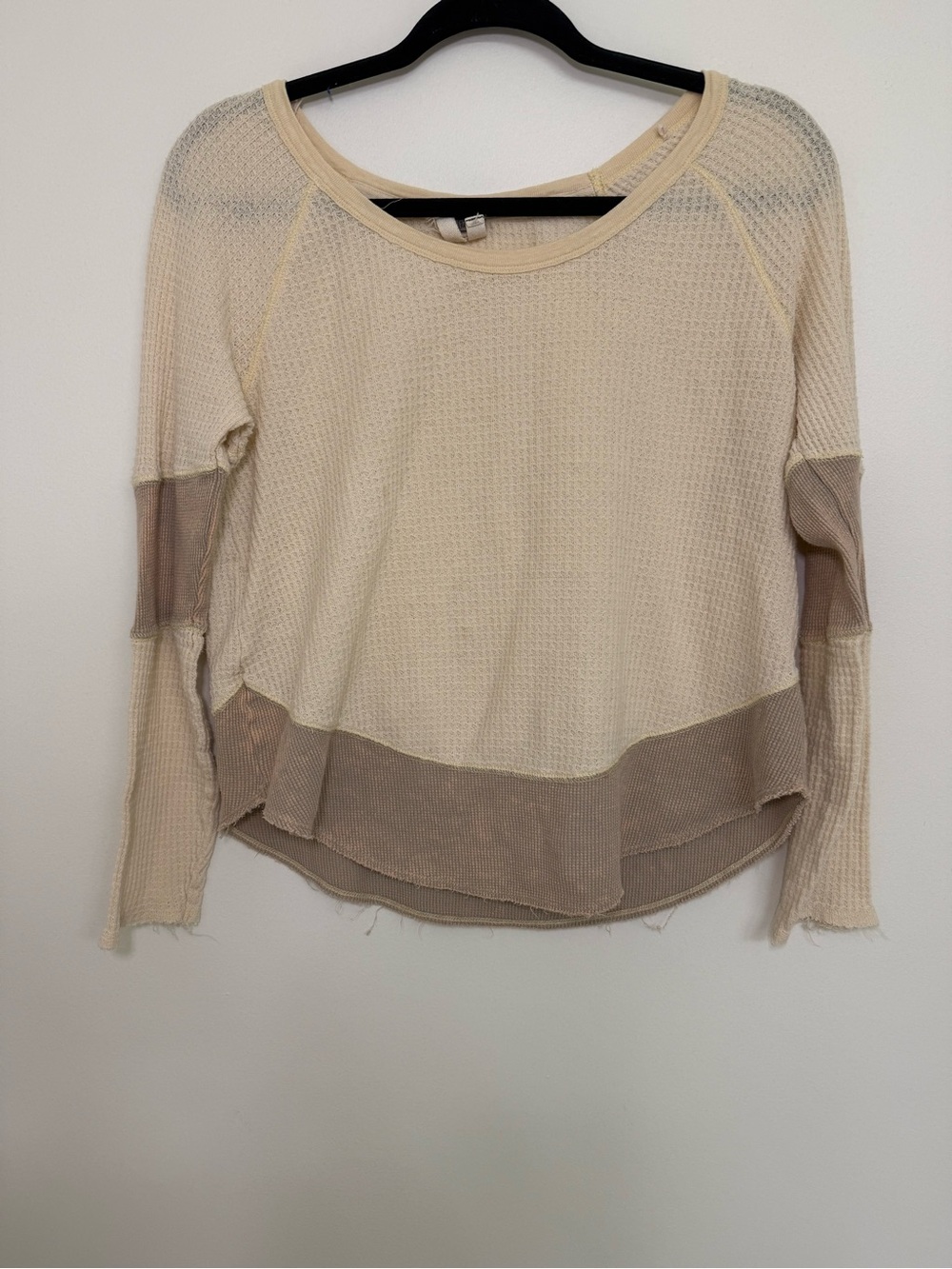 Free People - Cream Waffle Knit Long Sleeve Top with Taupe Trim Size Small
